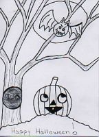 A pumpkin, bat and owl